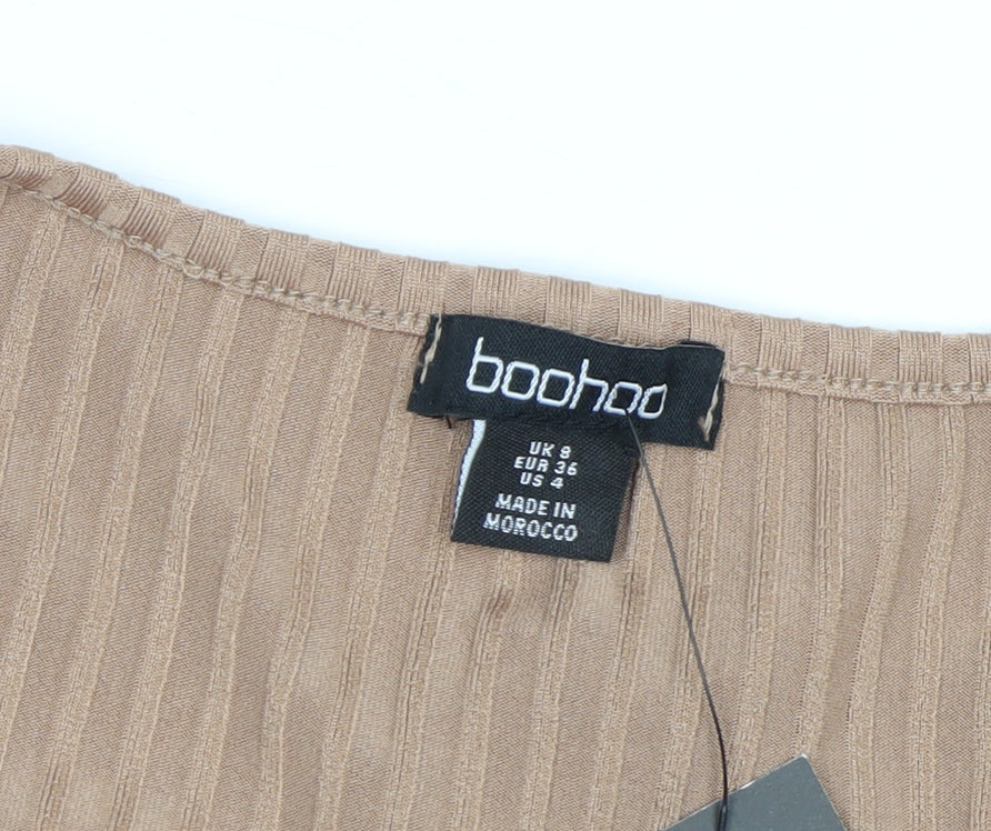 Boohoo Women's Beige Ribbed V-Neck Long Sleeve Midi Bodycon Dress Size 8