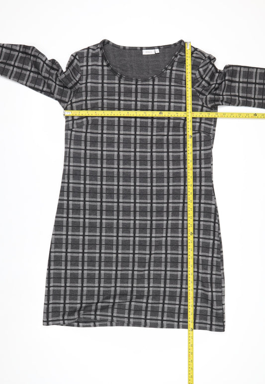 Fransa Women Grey Check Shift Dress L 3/4 Sleeve Knee Length