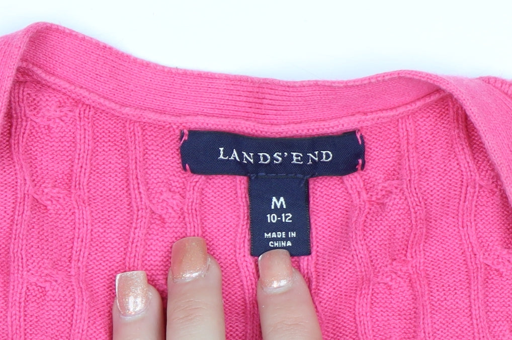 Lands' End Women's Pink Cotton Cable Knit V-Neck Cardigan M 10-12