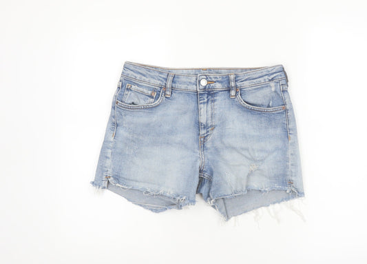 Additional front view of &Denim women’s blue, size UK 8, cut-off stretch denim shorts