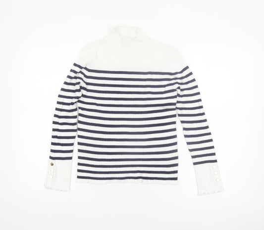 Et Vous Womens White Navy Striped Mock Neck Ribbed Jumper Size 12