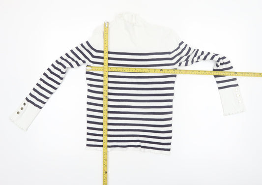 Et Vous Womens White Navy Striped Mock Neck Ribbed Jumper Size 12