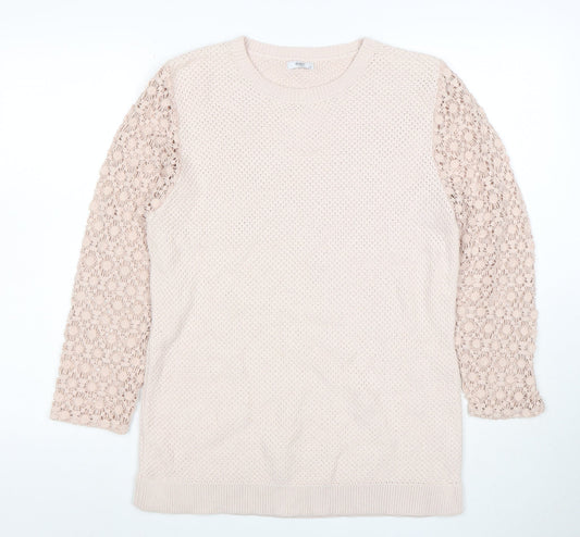 Cotton Traders Women Pale Blush Cotton Lace Sleeve Jumper Size 16