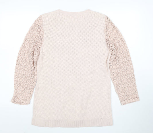 Cotton Traders Women Pale Blush Cotton Lace Sleeve Jumper Size 16