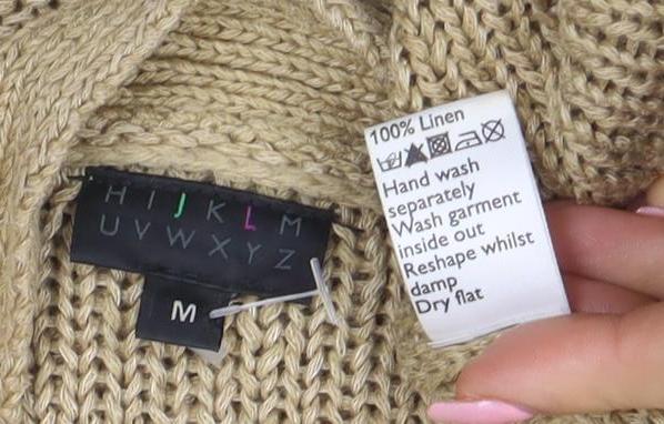 Hikaru Beige 100% Linen Womens Cardigan M Open Knit Relaxed Fit