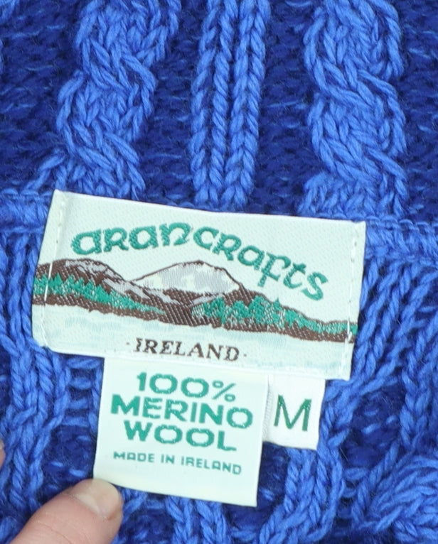 Aran Crafts Women's Blue Merino Wool Cable Knit Cardigan M