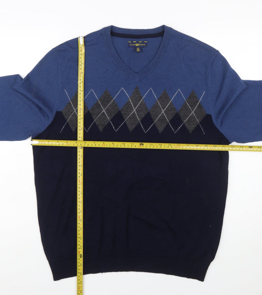 Club Room Men's Blue Argyle V-Neck Wool Blend Jumper Size M