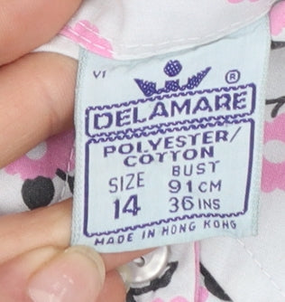 Delamare Womens White Floral Button-Up Shirt Size 14 Retro Long Sleeve