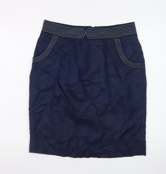 Jaeger Women's Blue Silk Pencil Skirt Size 14 Knee Length