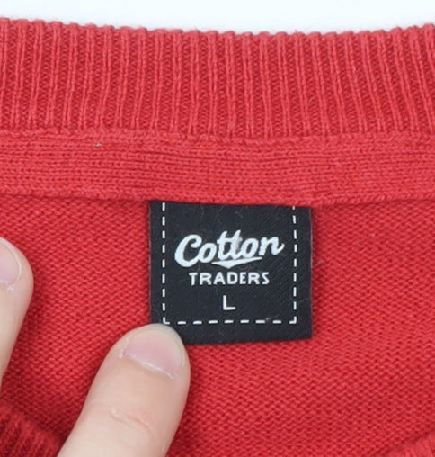 Cotton Traders Men's Red Crew Neck Cotton Jumper Size L
