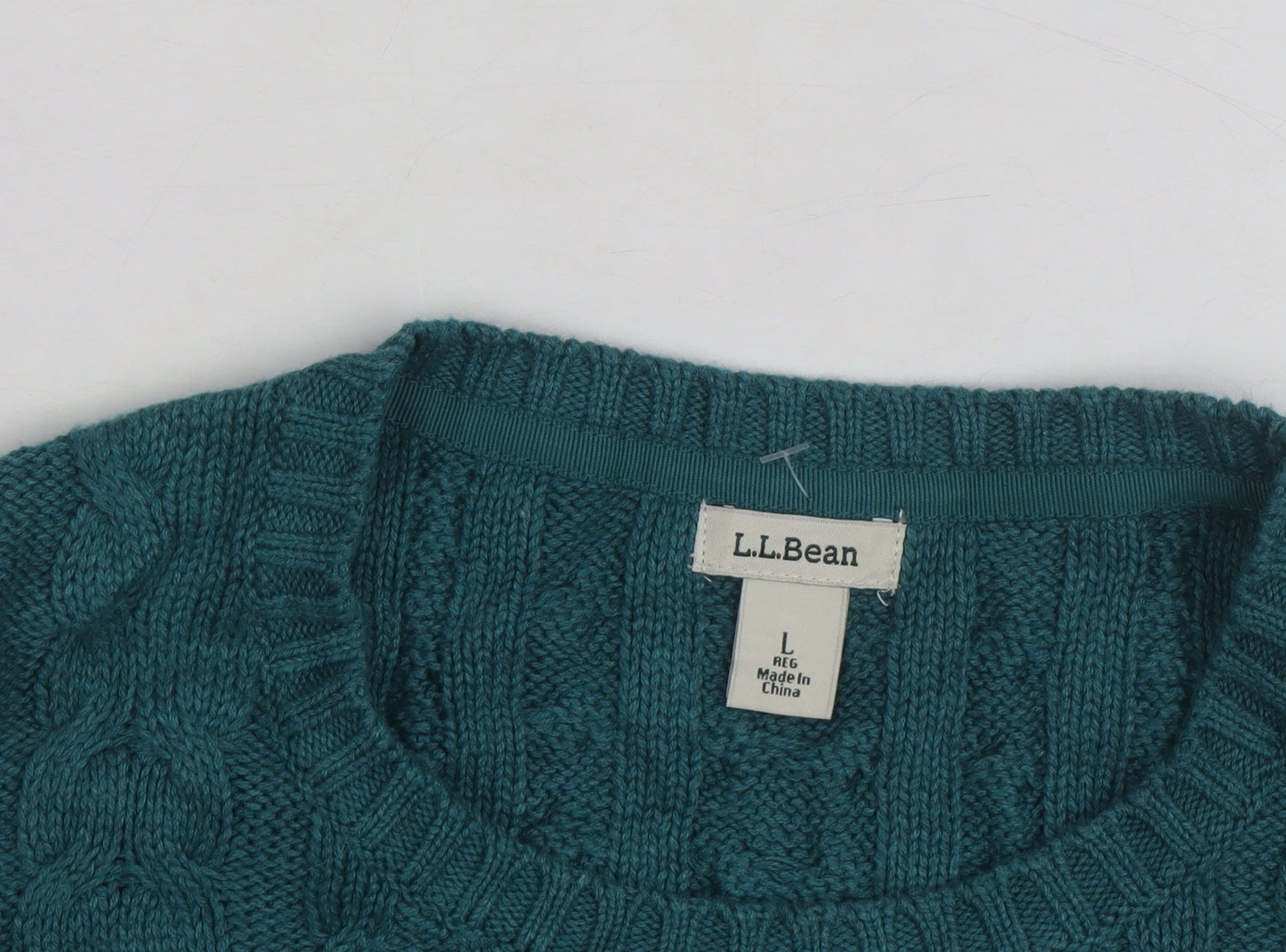 L.L.Bean Mens Green Cable-Knit Cotton Jumper Size L Crew Neck