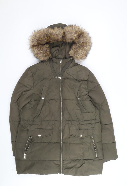 New Look Women's Green Faux Fur Hooded Puffer Coat Size 12