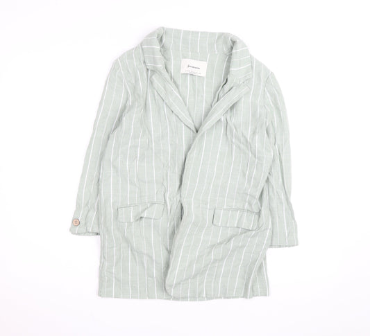 Stradivarius Women Green Striped Linen Blend Blazer Size 12