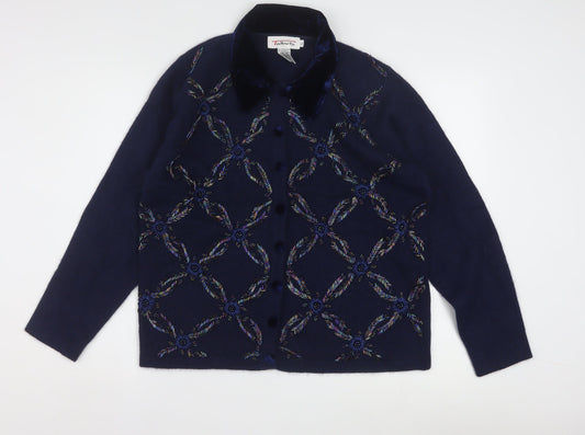 Talbots Womens Blue Wool Angora Embroidered Collared Cardigan L