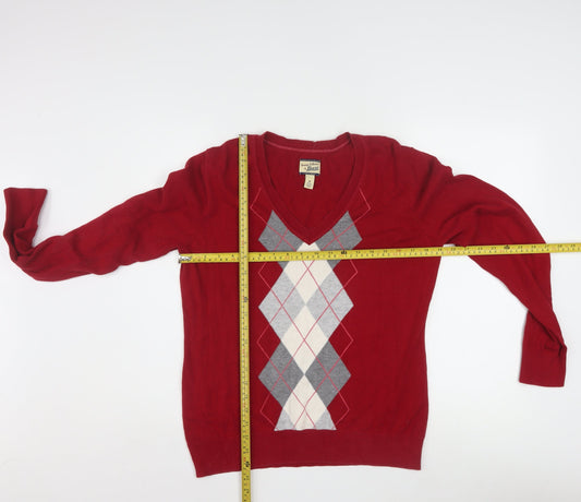 Bass Men's Red Argyle V-Neck Cotton Jumper Size M