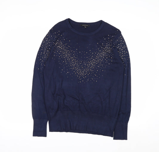 Peacocks Women Blue Beaded Crew Neck Long Sleeve Jumper Size 14