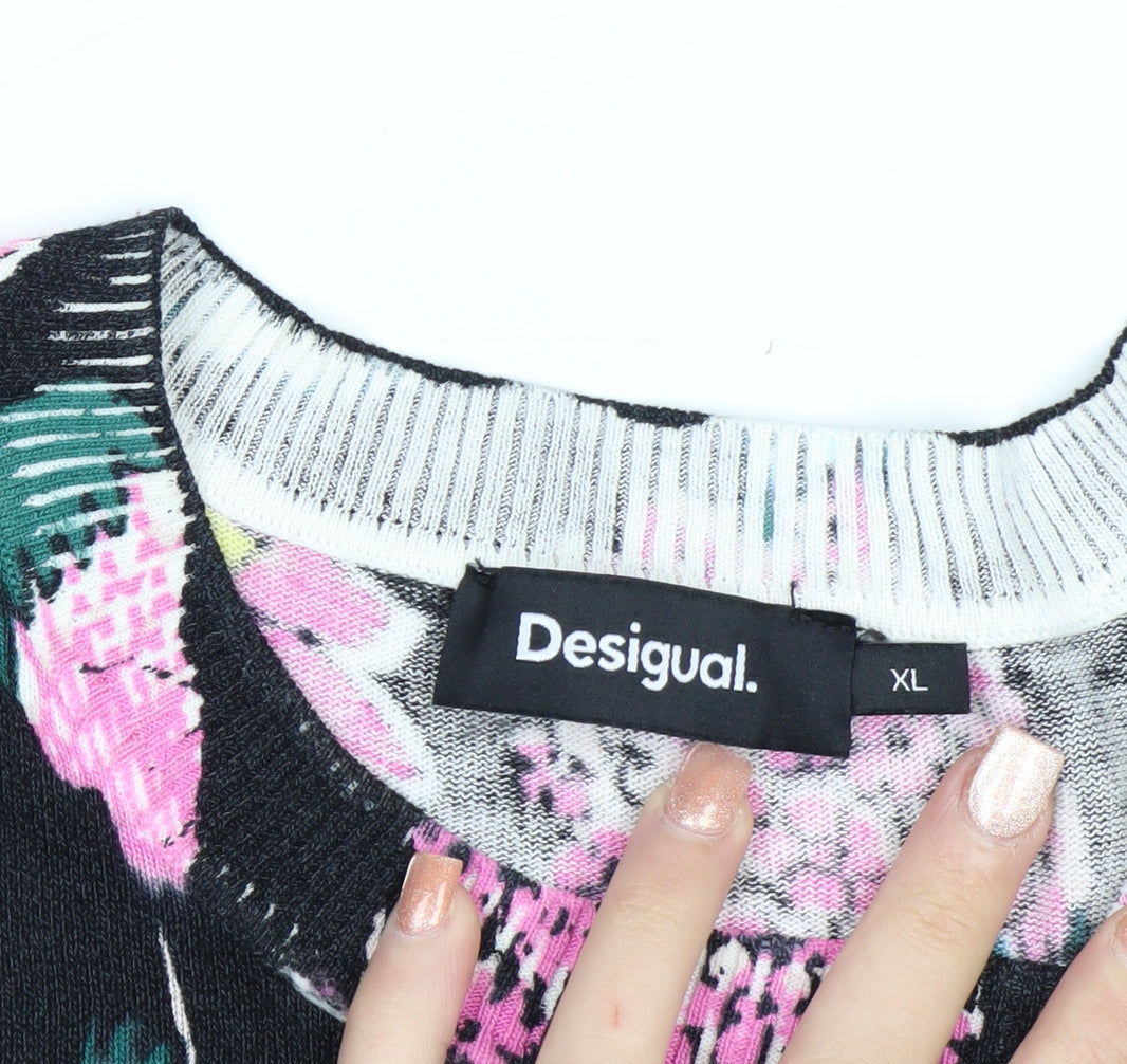 Desigual Women Black Multicoloured Floral Crew Neck Jumper XL
