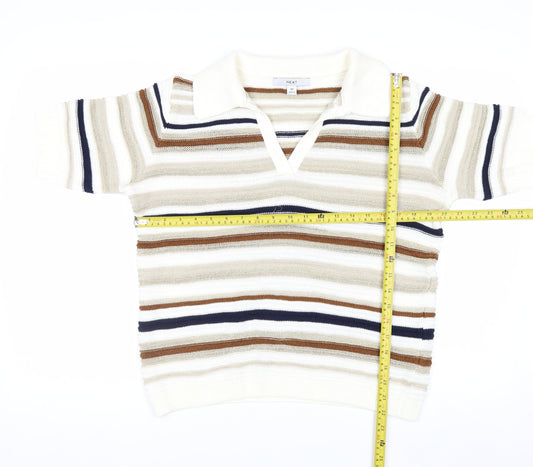 Next Men Beige Striped Collared Short Sleeve Pullover Jumper M