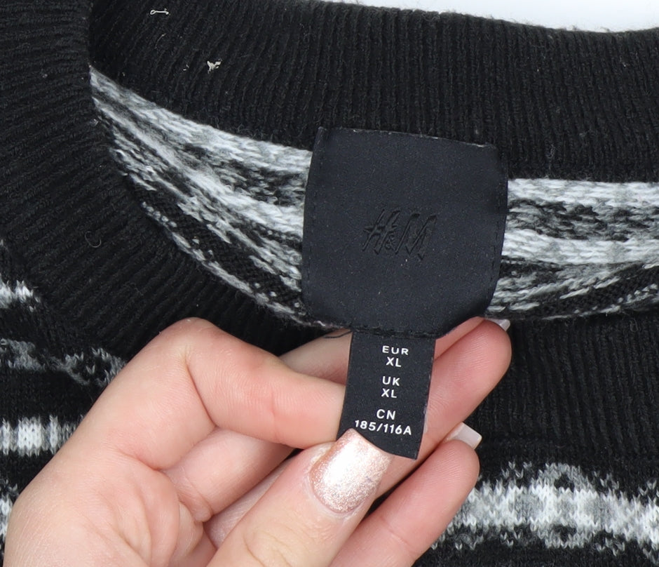 H&M Men's Black Fair Isle Knit Jumper XL Crew Neck Acrylic