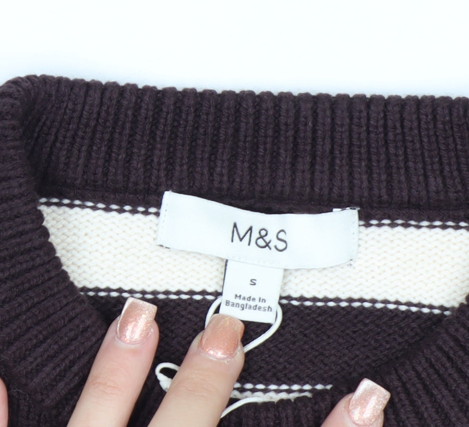 Marks and Spencer Women Brown Striped Crew Neck Cotton Jumper Size S