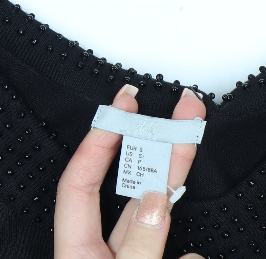 H&M Women Black Knee Length Shift Dress Size 8 Beaded Collar