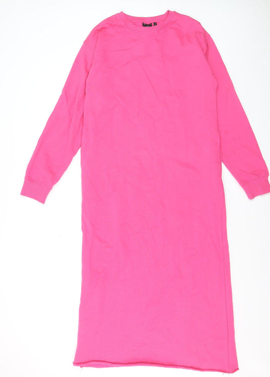 Additional front view of ASOS DESIGN women’s pink long sleeve midi t-shirt dress, size UK 10