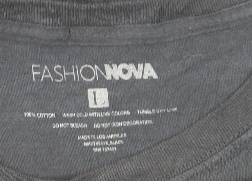 Brand and care label for Fashion Nova Men's Black Tokyo Racing Long Sleeve Graphic Shirt, size L