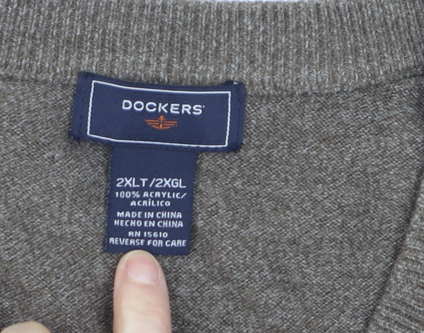 Dockers Men Brown 2XL Knit Sleeveless V-Neck Vest Jumper
