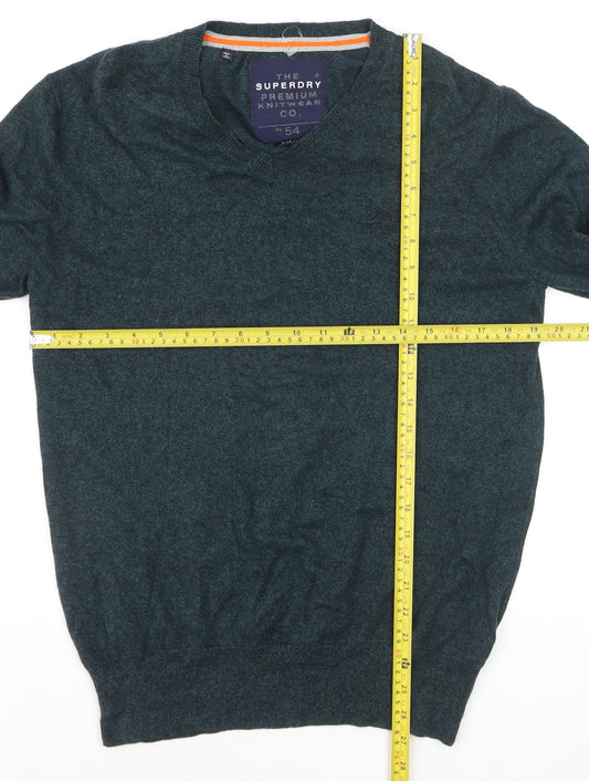 Superdry Men's Green V-Neck Knit Jumper Size L Cotton Blend