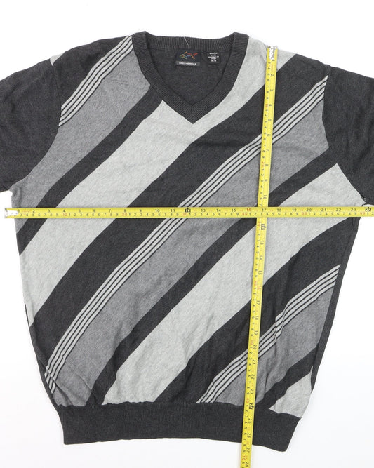 Greg Norman Men's Grey Striped V-Neck Cotton Pullover Jumper M