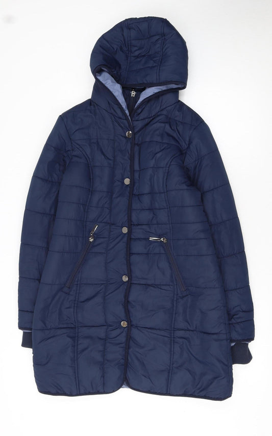 Cotton Traders Women's Blue Size 10 Long Hooded Quilted Puffer Coat