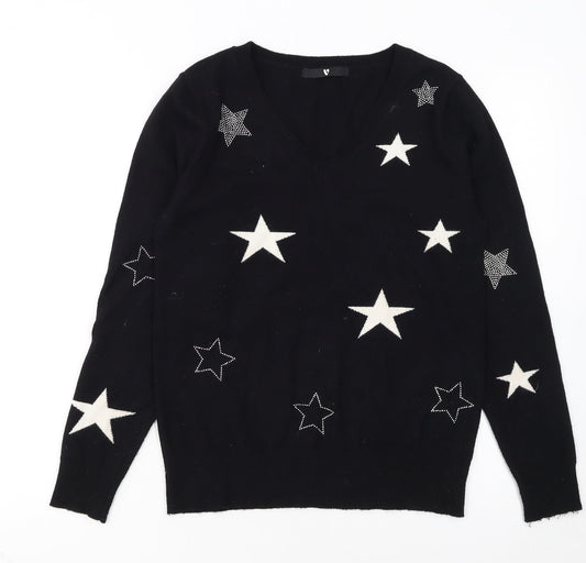 Very Women Black Star Embellished V-Neck Long Sleeve Jumper Size 8