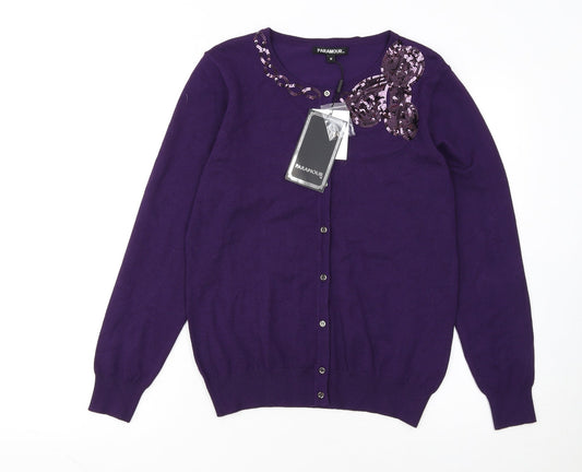 Paramour Women Purple Sequin Crew Neck Knit Cardigan M