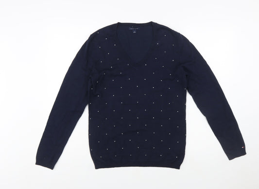 Tommy Hilfiger Women's Blue V-Neck Embellished Cotton Jumper Size M
