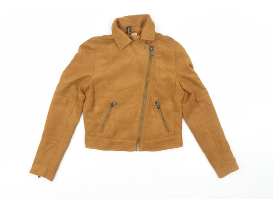 H&M Divided Womens Camel Biker Jacket Size 6 Faux Suede Short Zip Style