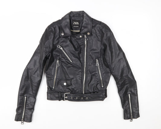 Zara Women Black XS Biker Faux Leather Belted Jacket