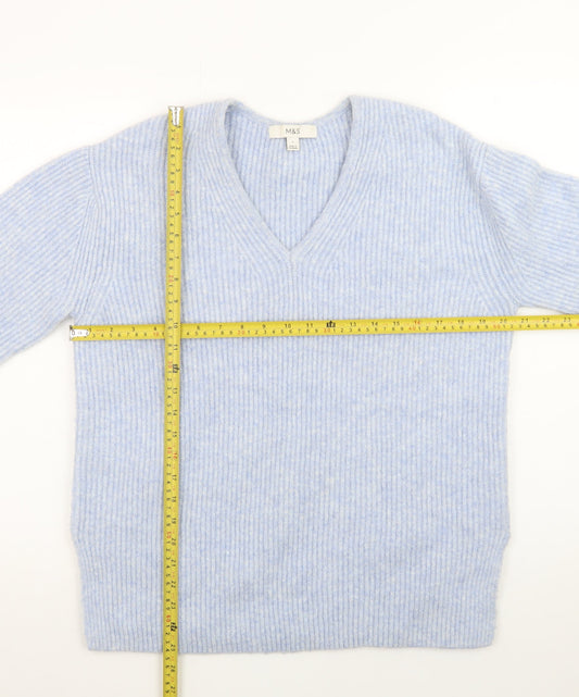 Marks and Spencer Women's Blue V-Neck Ribbed Knit Jumper Size S