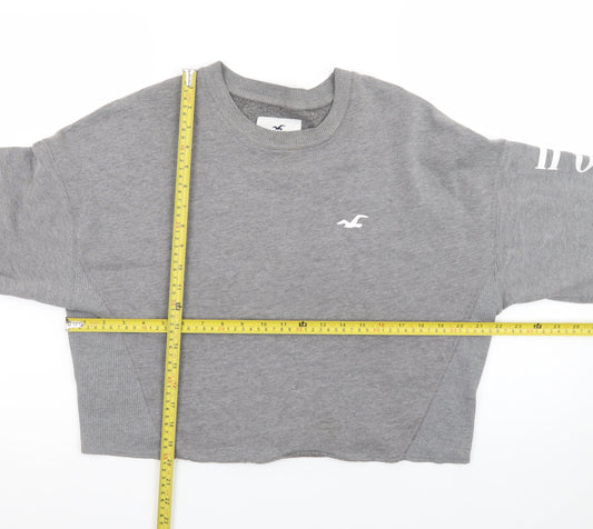 Hollister Women Grey Cropped Pullover Sweatshirt L Logo Crew Neck