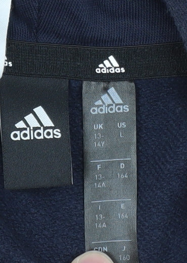 Brand and care label for Adidas Teens Blue Pullover Hoodie 164 Logo Fleece Sweatshirt