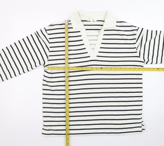 H&M Women's White Striped V-Neck Long Sleeve Cotton T-Shirt Size S