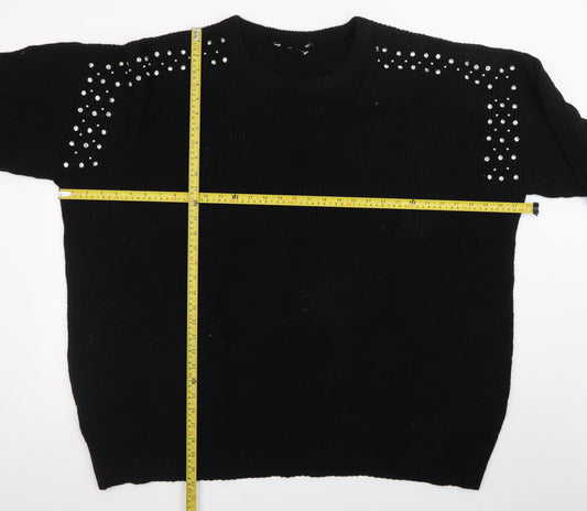 Yours Women's Black Rhinestone Crew Neck Plus Size 26 Pullover Jumper