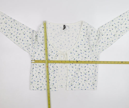 H&M Divided Women's White Floral Cropped Tie Front Long Sleeve Top Size 14