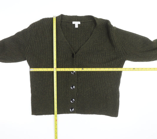 Topshop Women's Green V-Neck Ribbed Button Cardigan Size S