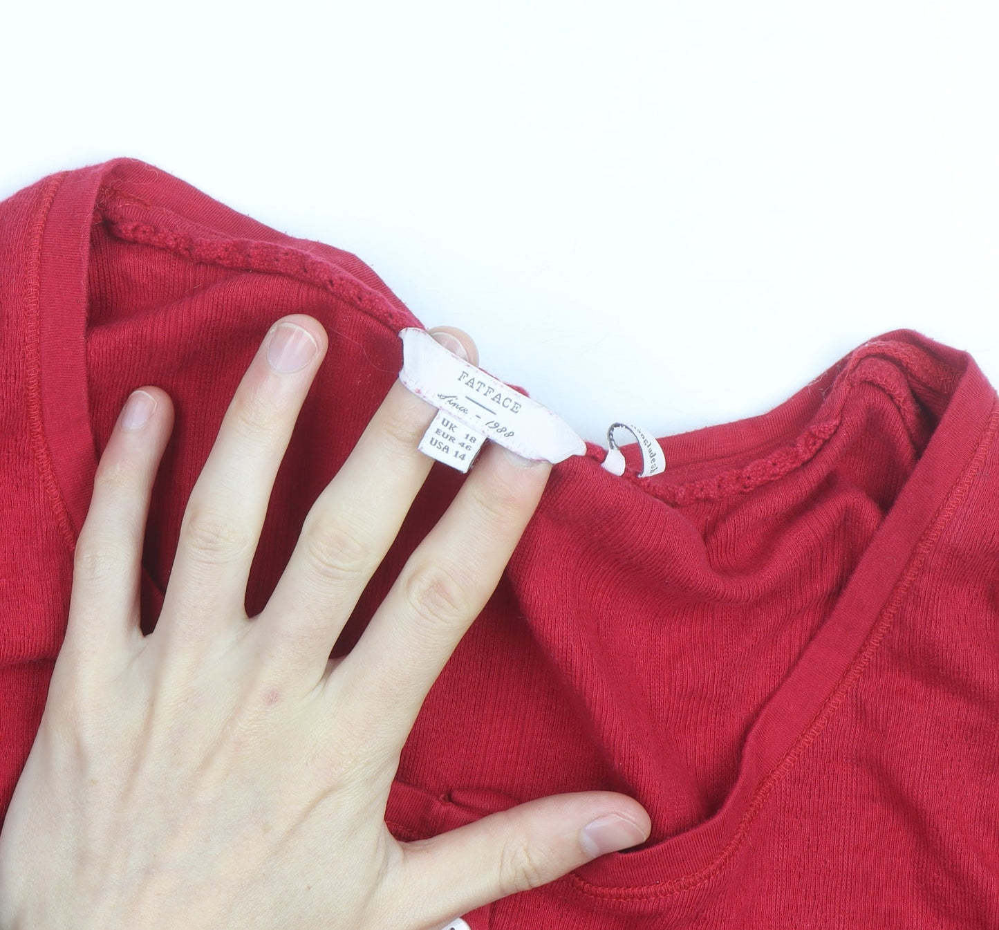 FatFace Women's Red Cotton Long Sleeve Button Scoop Neck Top Size 16
