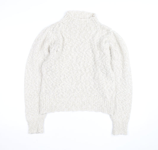 Mango Women Ivory Wool Blend Mock Neck Puff Sleeve Jumper Size 12