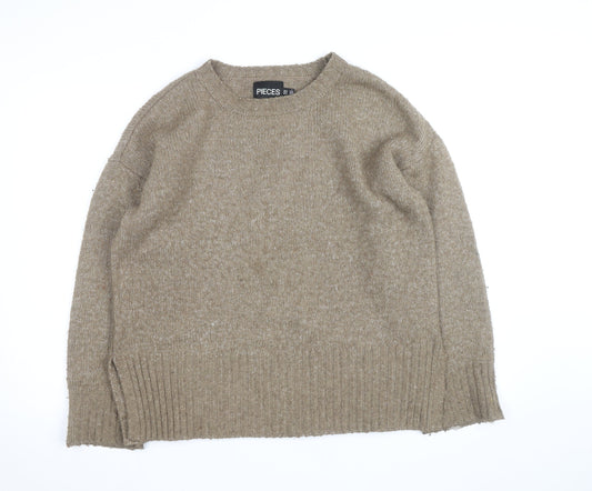 Additional front view of Pieces Beige Chunky-Knit Crew Neck XS jumper