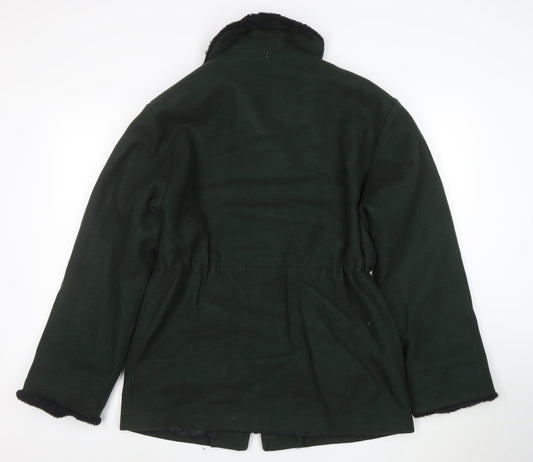 Lodenfrey Women Dark Green Wool Zip Coat with Fur Collar Size M