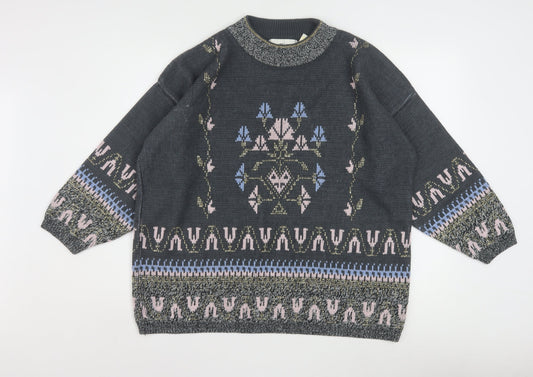 Editions Womens Grey Metallic Knit Bohemian Crew Neck Pullover Jumper One Size