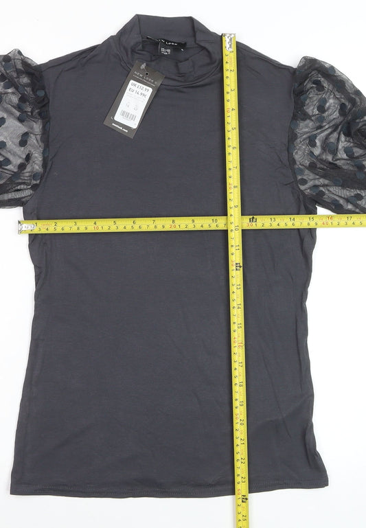 New Look Women’s Black Polka Dot Mesh Sleeve High Neck Blouse UK 14