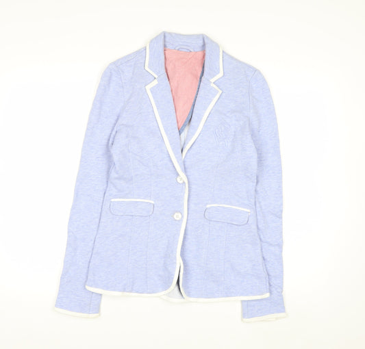 Additional front view of Crew Clothing Women’s Blue Cotton Blazer, size UK 8, Classic Preppy Style
